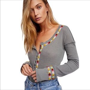 🆕👚🍁 Free People Long Sleeve thermal fitted Henley Top NWT chevron trim